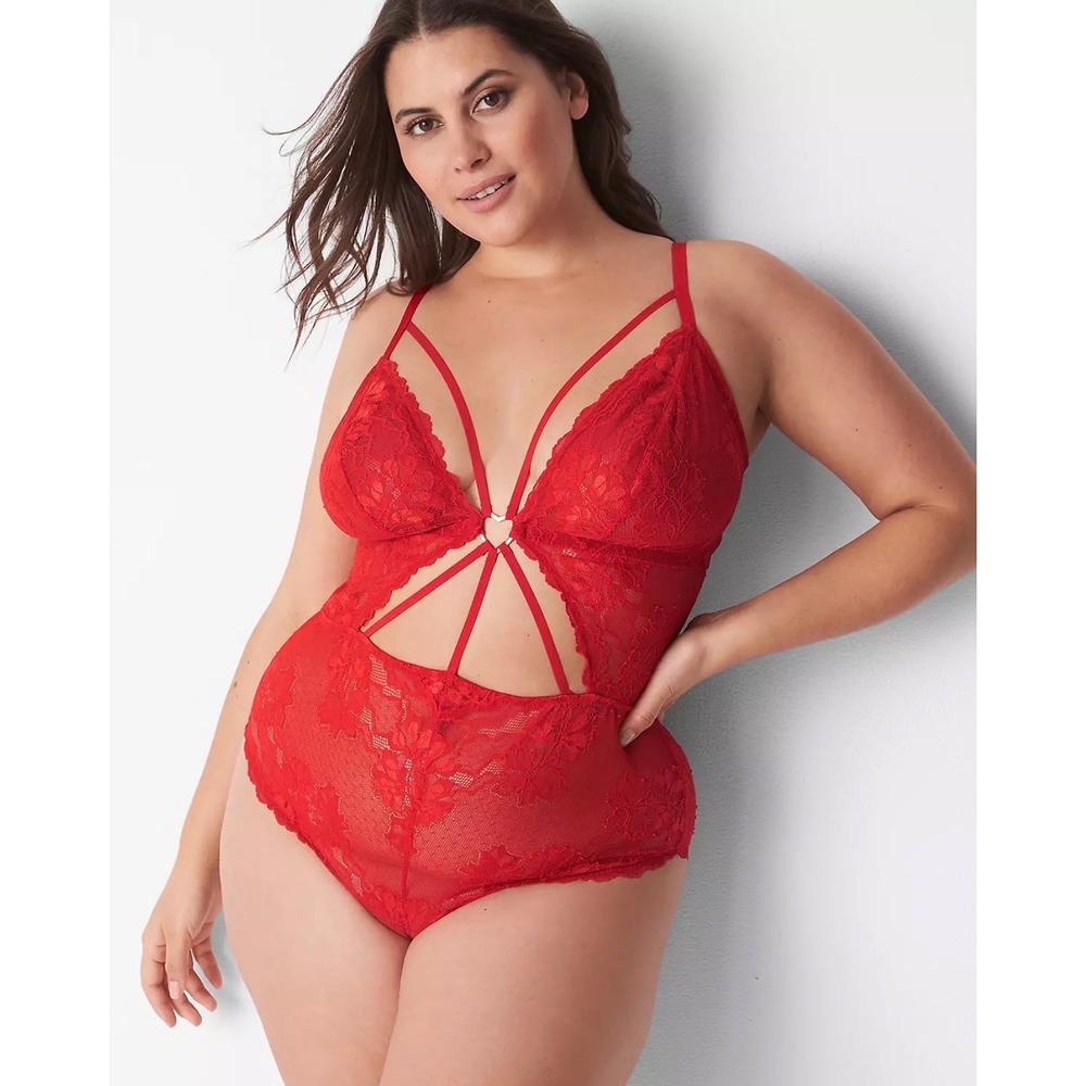 Cacique Red Lace‎ Strappy Heart Detail Bodysuit Lingerie Plus Size 18/20